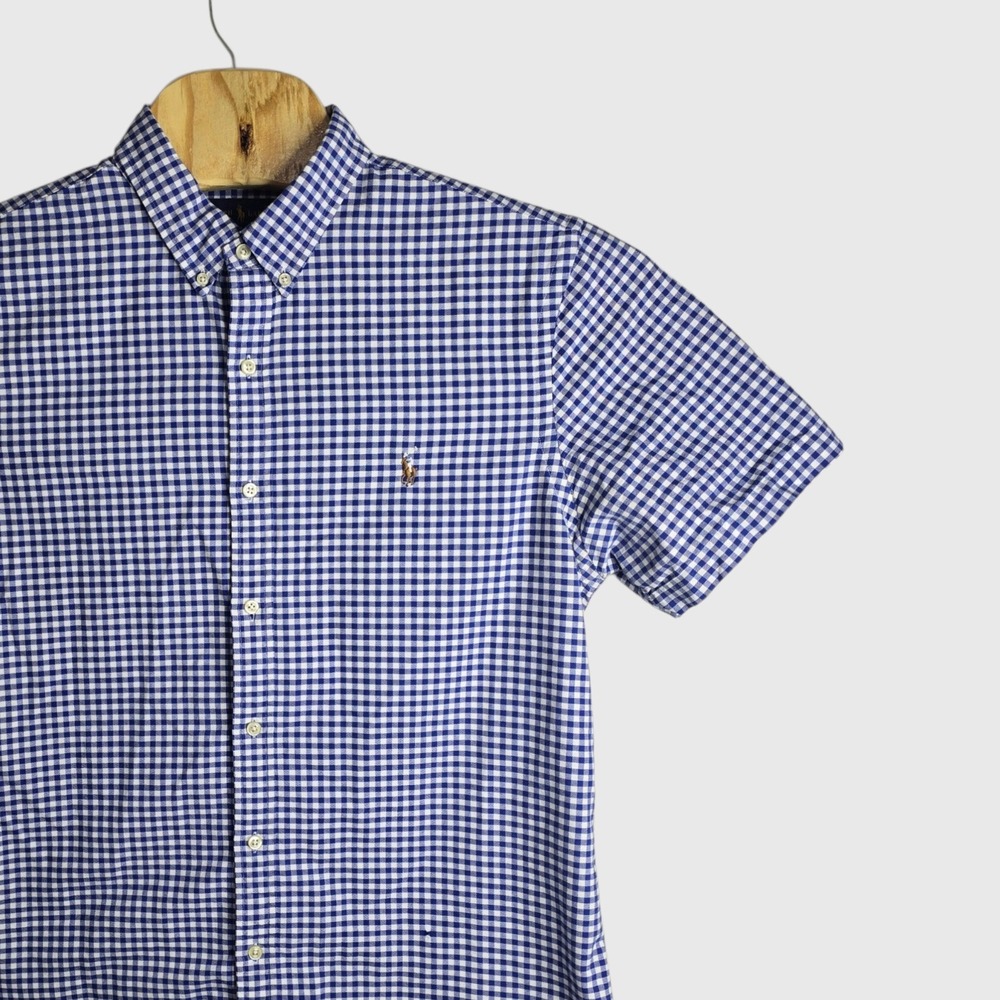Polo Ralph Lauren Mens XL Slim Fit Gingham Short Sleeve Button Down Shirt Blue